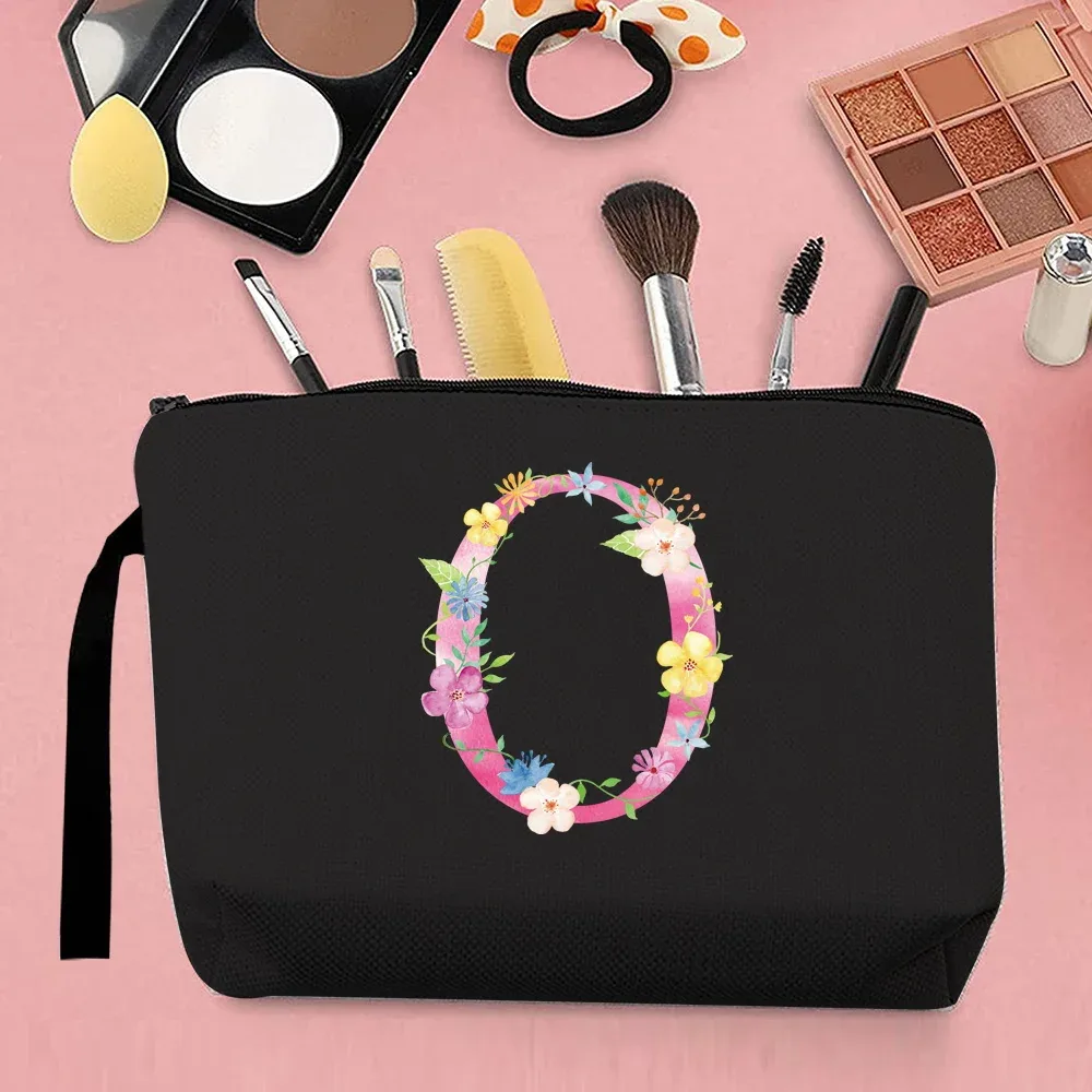 trousse de maquillage pour femmes, trousse de maquillage portable, trousse de maquillage de voyage pratique, sac à main en toile, motif de lettres roses, organisateur de bijoux