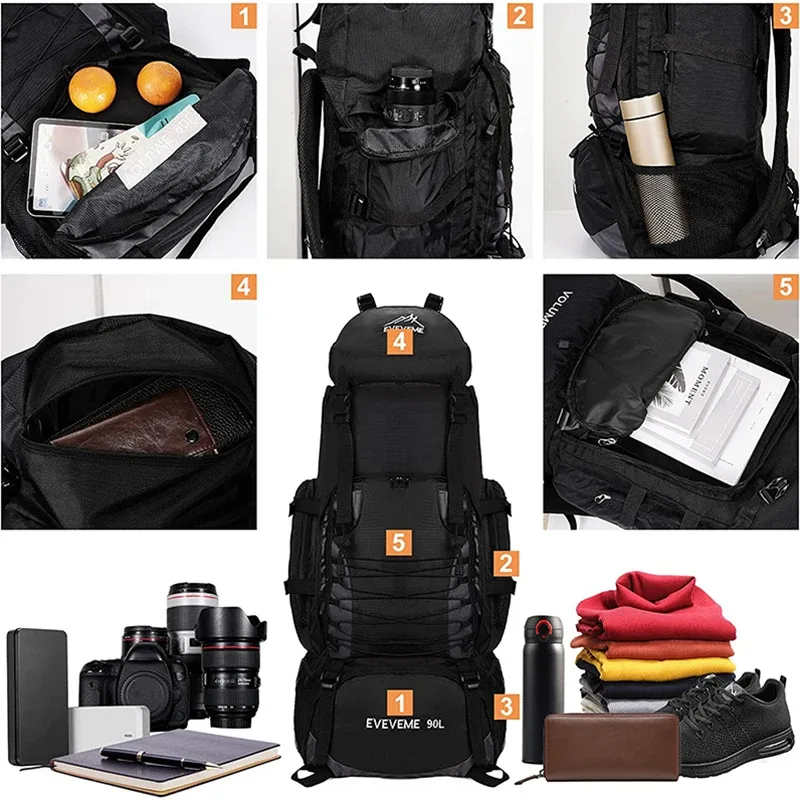 grand sac à dos de camping pour hommes et femmes, sacs de voyage, bagages de randonnée, sacs initiés, escalade en plein air, trekking, sac de voyage, 90l