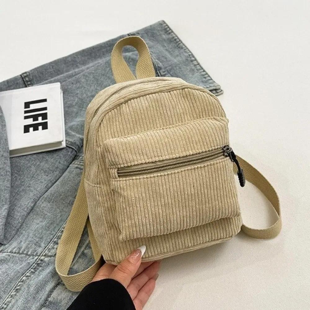 sac à dos mini en velours côtelé de couleur unie, léger, avec fermeture éclair, double bandoulière, multi-poches, style vintage, pour le quotidien et les voyages