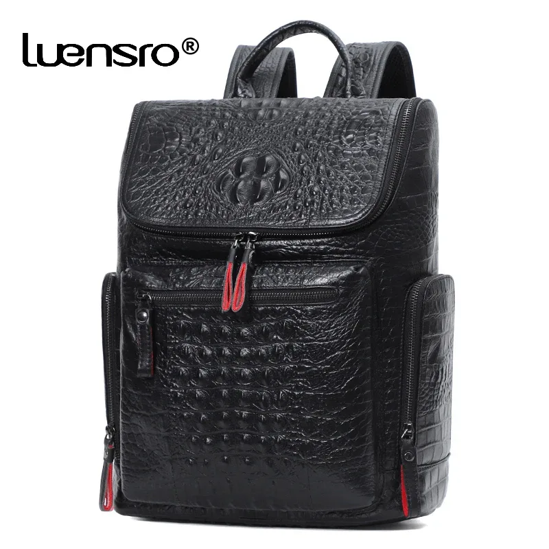 sac à dos en cuir de crocodile véritable pour ordinateur portable, sac à dos de voyage pour homme, grand sac à dos étanche pour adolescent, cartable, 15.6 pouces