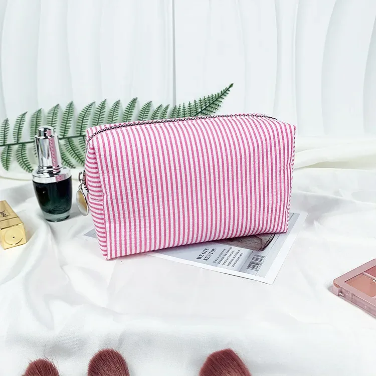 sacs à cosmétiques à volants pour femmes, sacs de rangement à rayures rose/violet, sacs de maquillage pour dames avec fermeture éclair, sac de voyage, trousse de maquillage