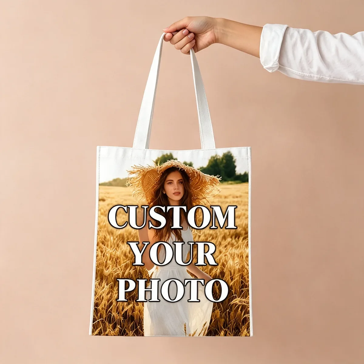 Sac fourre-tout personnalisé en toile avec photo, imprimez votre propre image, grande capacité, sac à bandoulière réutilisable, sac de shopping personnalisé 