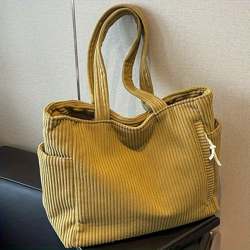 sac à main en velours côtelé léger et grande capacité avec fermeture éclair, couleur unie, sac à bandoulière décontracté pour les trajets quotidiens