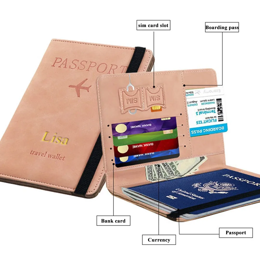 porte-passeport rfid personnalisé en pu pour homme, 2 styles d'enveloppes, motif avion imprimé, portefeuille de passeport antivol, minimaliste