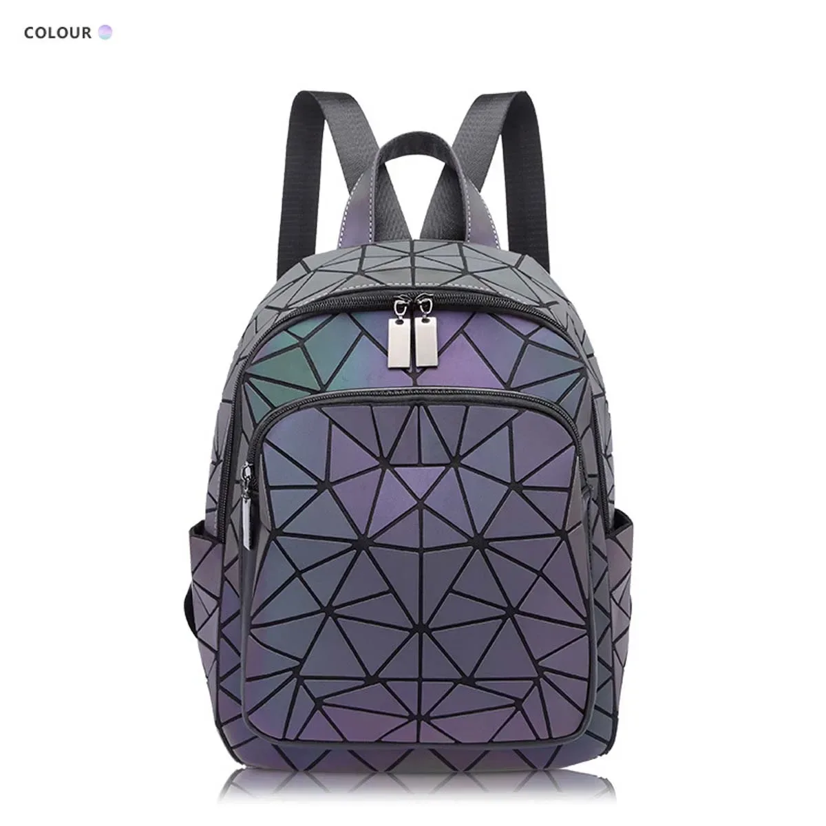 sac dos nylon gris violet motif diamant refléchissant bande souple décontracté grande capacité usage voyage