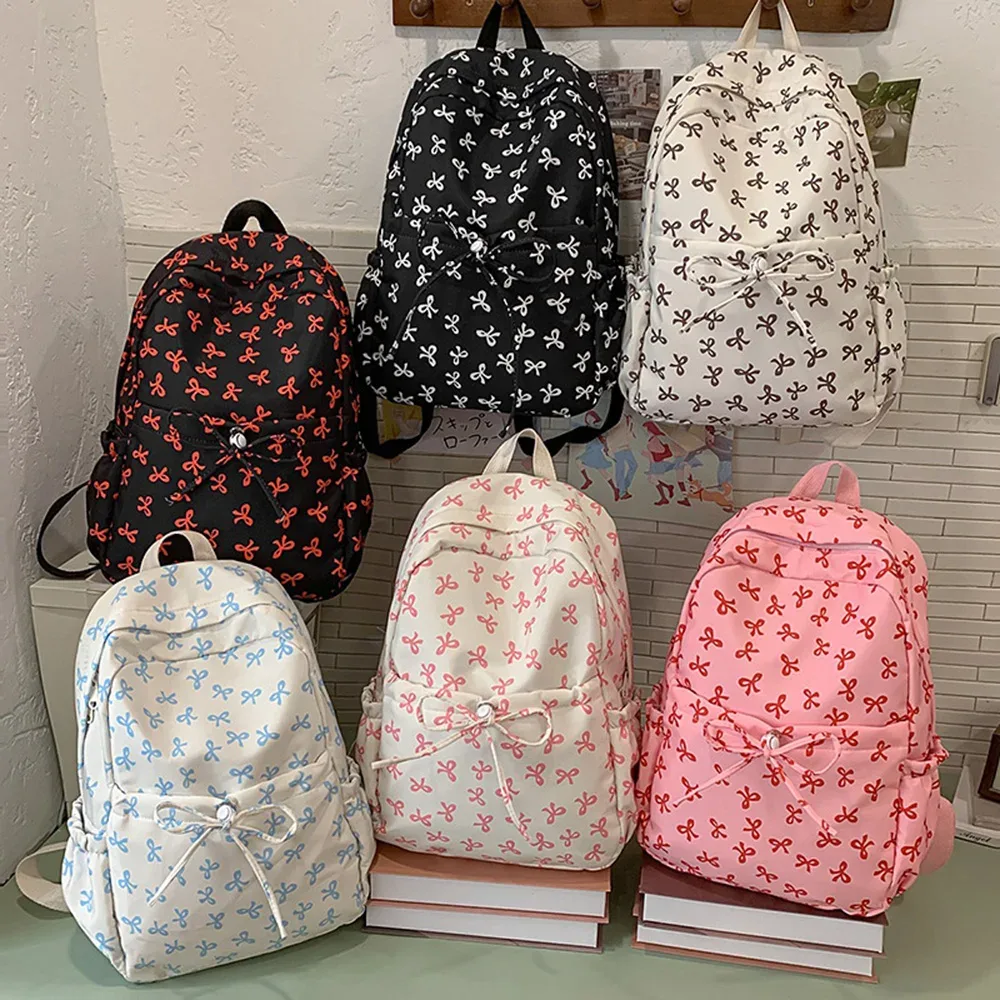 sac à dos mignon à nœud de grande capacité, sac d'école en nylon imprimé avec nœud, sac à dos de voyage à sangle réglable