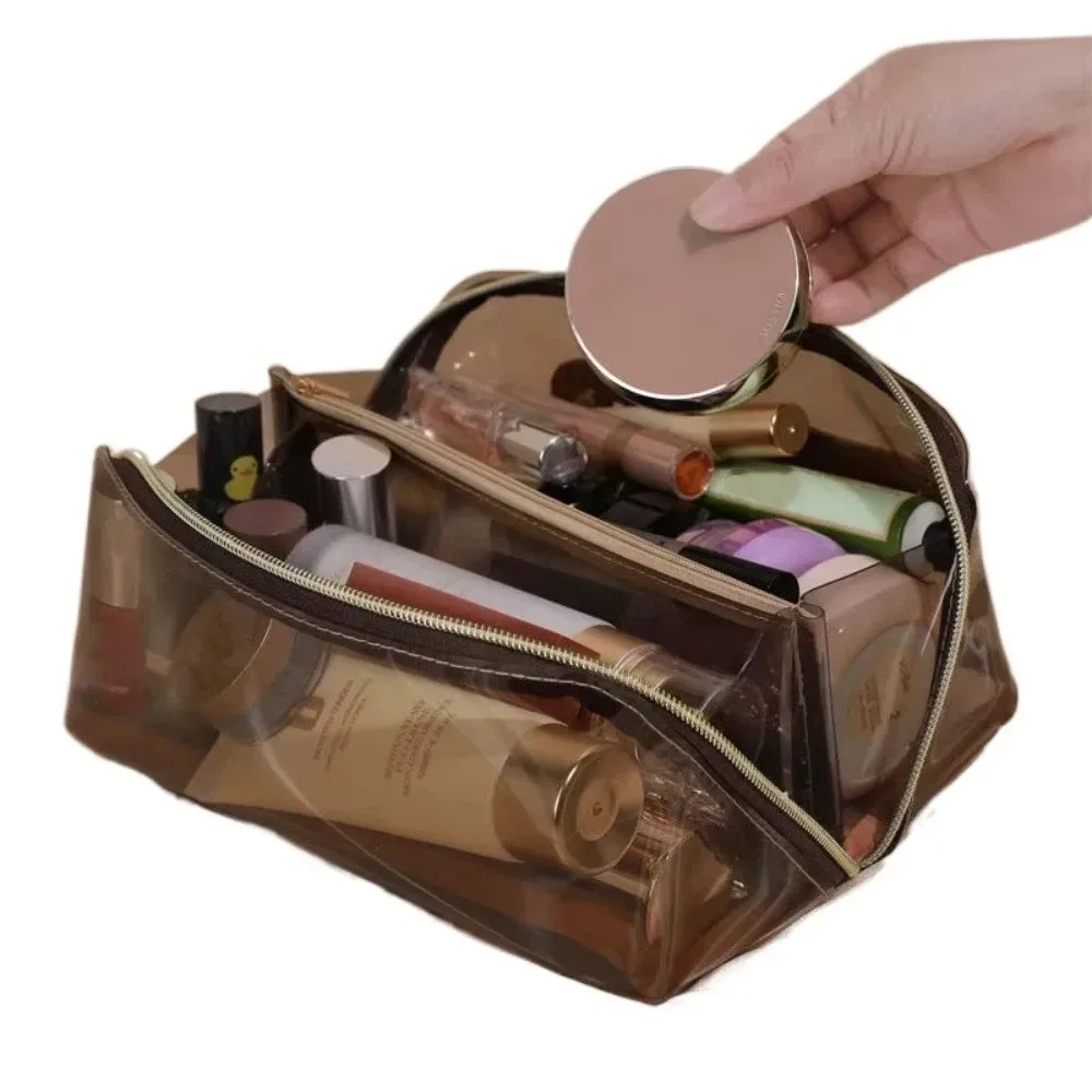 grande trousse de maquillage transparente en forme d'oreiller avec fermeture éclair, sac de toilette pour femme, imperméable, poignée supérieure, sacs de toilette transparents