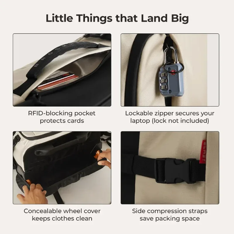 sac dos polyester beige accents noirs orange poches inclues poche rfid grande capacité cadre interne mode transport multiple usage voyage