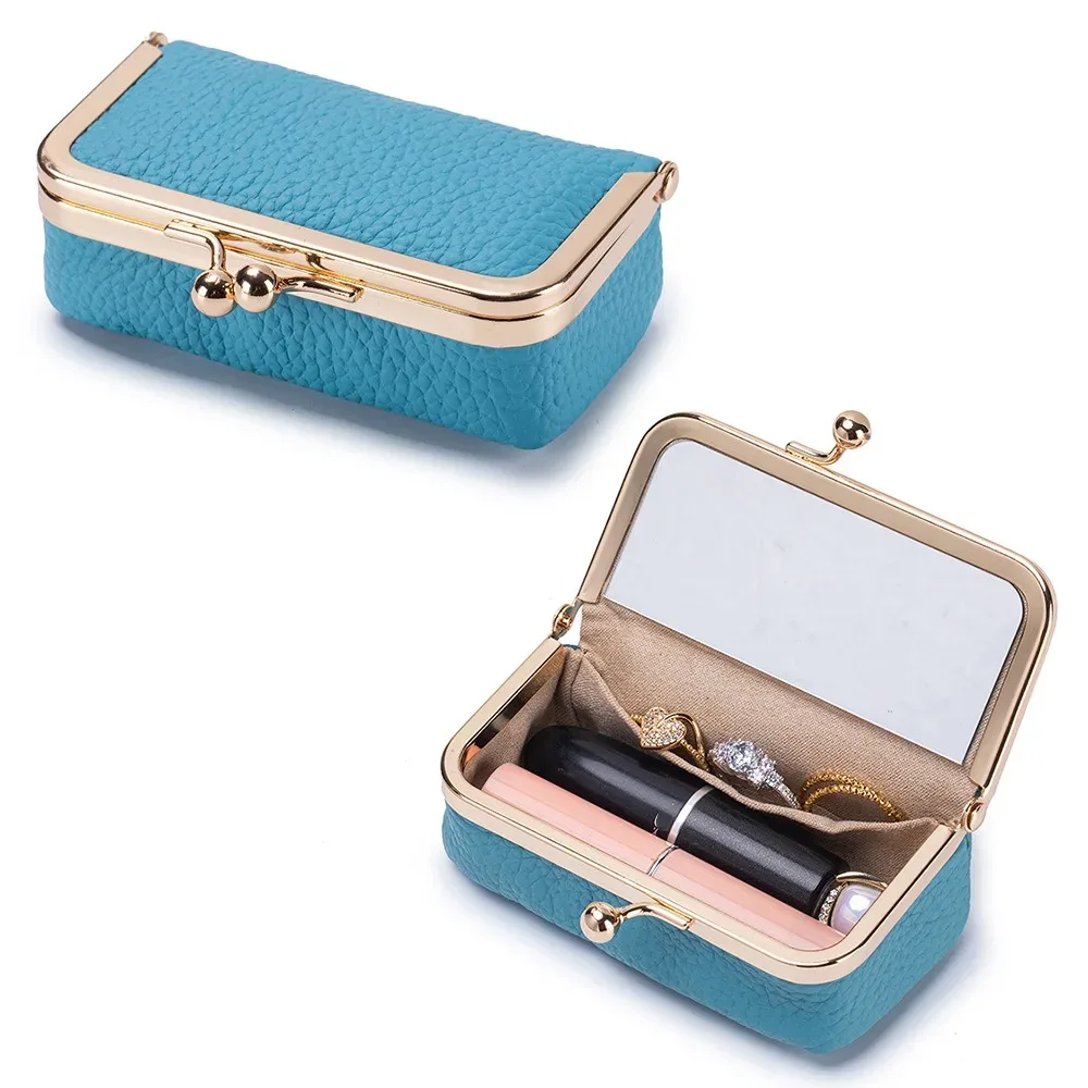 pochette à rouge à lèvres portable avec miroir de maquillage, sac à bijoux en cuir exquis, sac cosmétique multifonctionnel de couleur unie pour le rangement