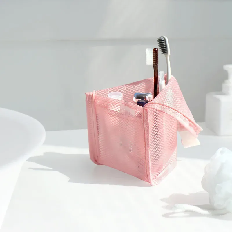 trousse de toilette portable en maille, organisateur de voyage suspendu léger et pliable transparent pour brosse à dents et articles de voyage