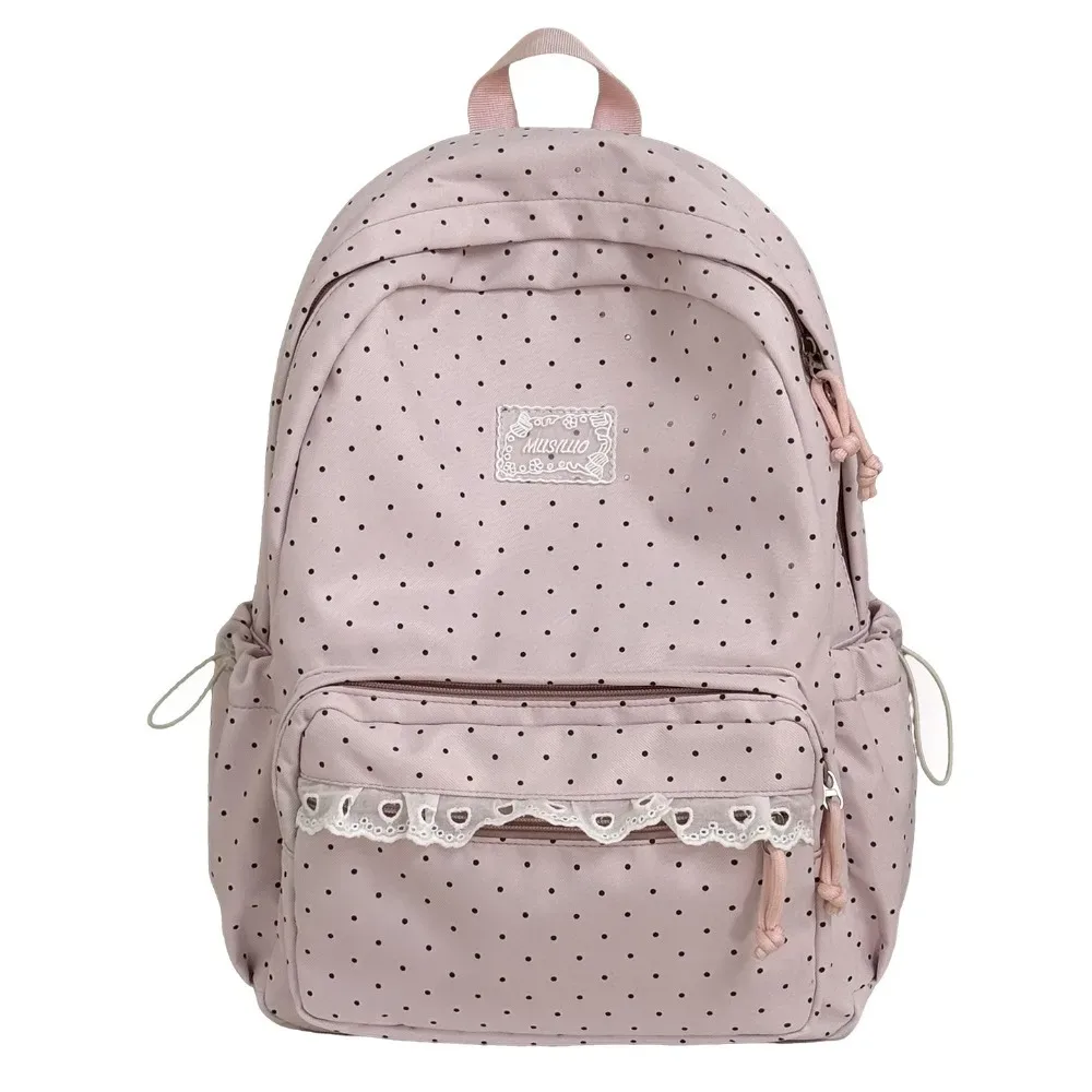 sac à dos à pois élégant avec nœud minimaliste et bordure en dentelle, grande capacité, léger, pour étudiants, école et voyage