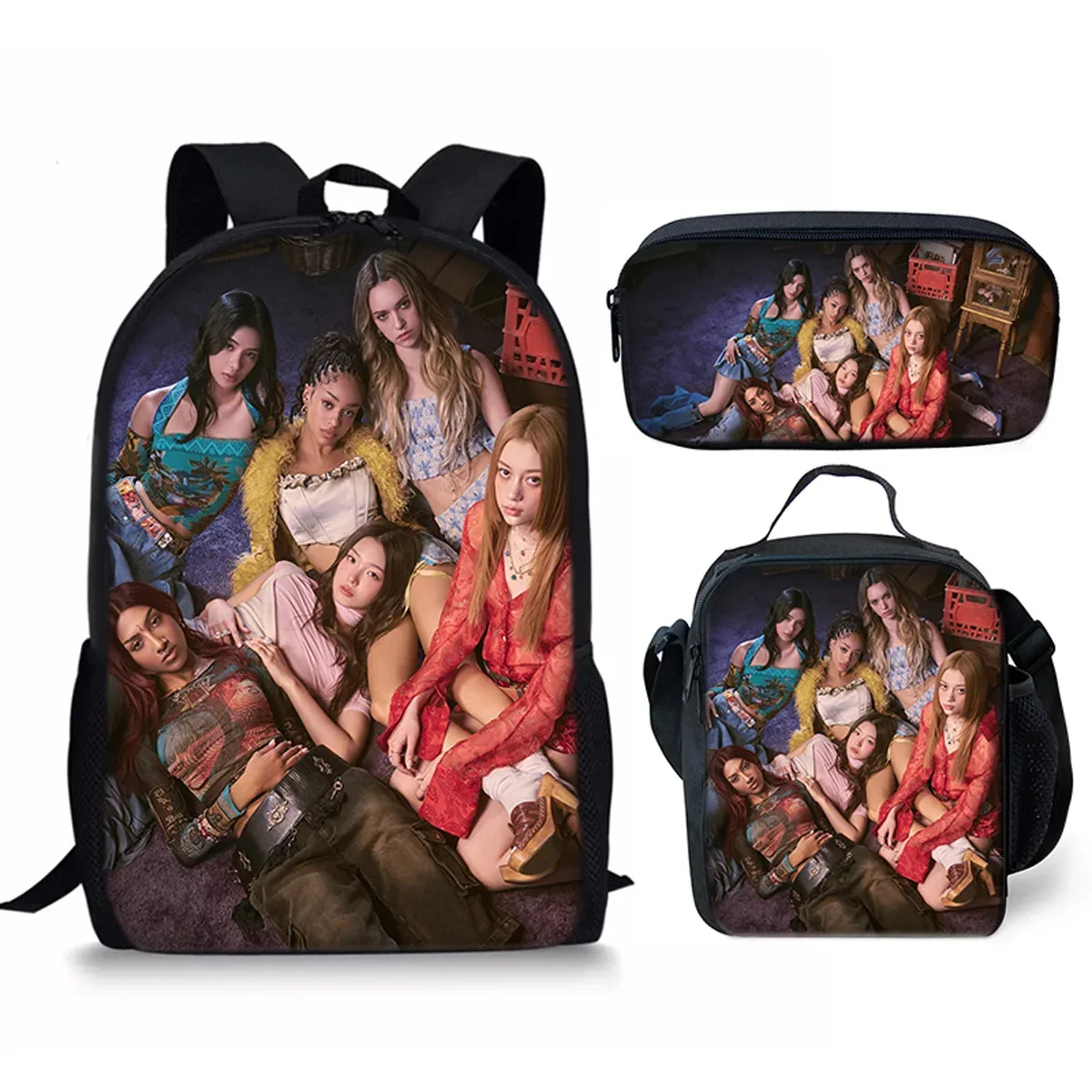 sac à dos d'école kpop katseye 3d imprimé, 3 pièces/ensemble, avec sac à déjeuner et trousse à crayons – nouveauté amusante et populaire de luxe