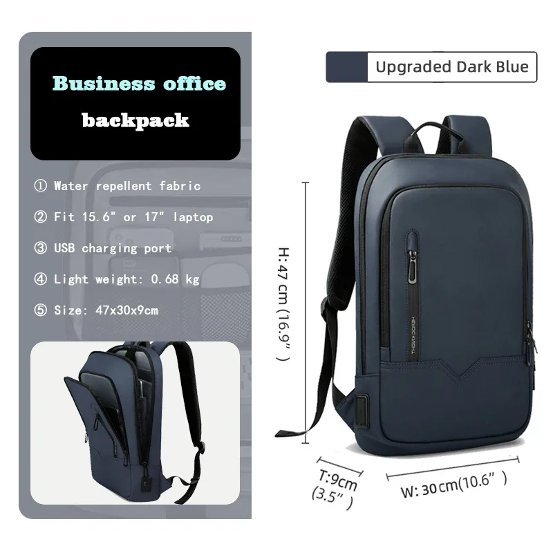hcankcan-sac à dos mince pour homme, sacoche pour ordinateur portable 14 pouces, business, multifonctionnel, étanche, école, unisexe, décontracté, voyage, noir