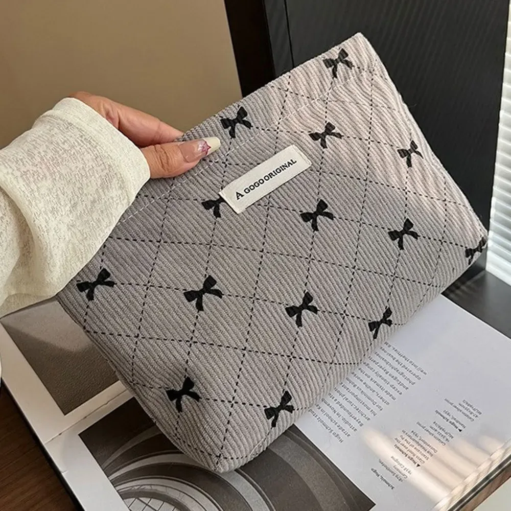 sac de maquillage en velours côtelé avec nœud papillon, sac de rangement portable pour soins de la peau, trousse de toilette
