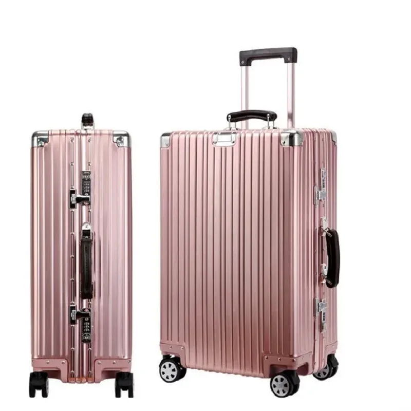 valise vintage en alliage d'aluminium-magnésium de qualité supérieure, bagage à roulettes de voyage léger de 20/24/26/29 pouces avec poignée en cuir