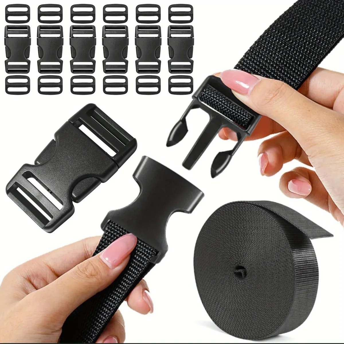 Ensemble de boucles et sangles, sangles en nylon de 6 mètres, paquet de 6 boucles à dégagement latéral, 12 curseurs à trois glissières pour sangle de bagage DIY, sac à dos