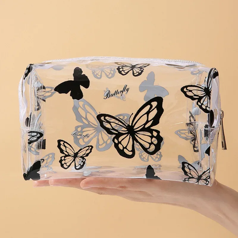 sac de maquillage transparent en pvc imprimé papillon pour femmes, sac de rangement octogonal pour cosmétiques, sac de lavage étanche de grande capacité pour voyage