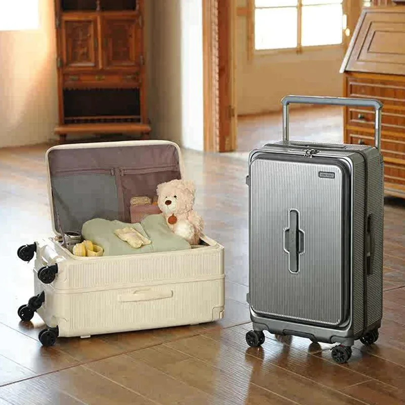 valise roulettes toupie matériau pc couleur gris ligne verticale compartiments intérieur beige usage voyage business voyage