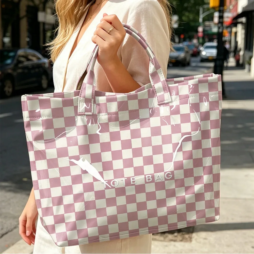Sac fourre-tout imprimé à carreaux roses, sac de voyage imperméable de grande capacité, en PVC, adapté aux vêtements, aux cosmétiques, aux accessoires, aux fêtes, aux loisirs, aux courses, aux sacs de transport portables, aux sacs de transport pour étudiants, pour les employés de bureau