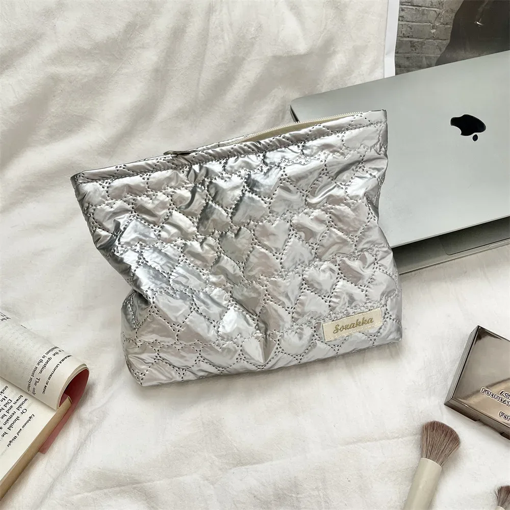 trousse de maquillage en pu matelassé de style coréen, pochette cosmétique brillante en forme de cœur avec nœud, rangement esthétique y2k pour femmes et filles