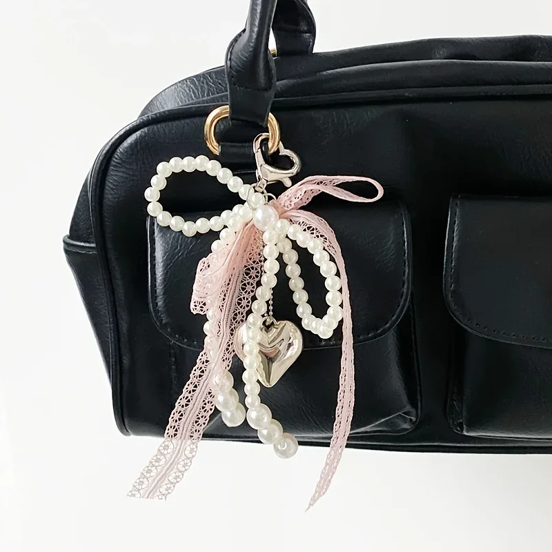 porte-clés nœud en dentelle et perles, nœud en perles pour femme, porte-clés pendentif de sac, porte-clés breloque pour sac à dos, pendentif de sac en forme de cœur, porte-clés à perles, pendentif nœud, accessoires de porte-clés pour cadeaux, portefeuilles, sacs, sacs à dos, sacs à main