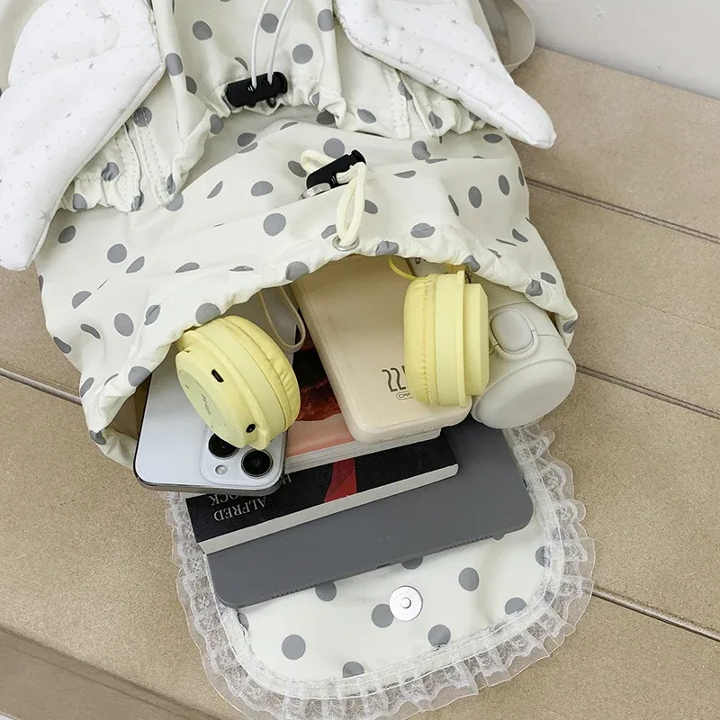 sac à dos à pois tendance grande capacité avec cordon de serrage, sac d'école pour étudiants, design ailes d'ange, sac à dos décontracté pour femme, idéal pour les voyages et le quotidien