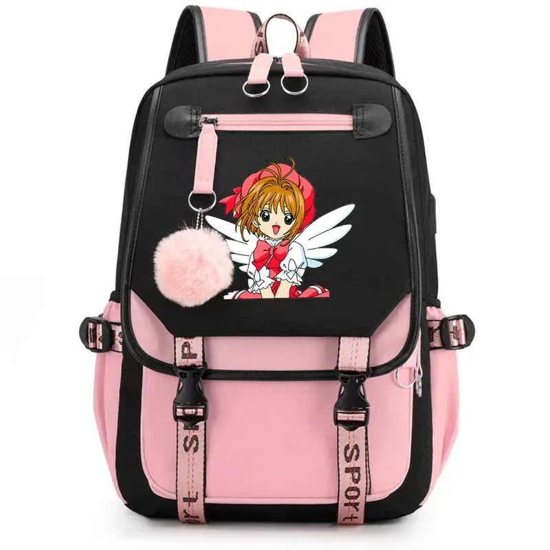 sac dos polyester noir bandes blanches roses poche devant dessin fille ailes étoile portable voyager