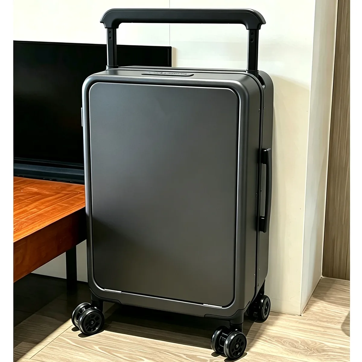 valise à roulettes avec poche pour ordinateur portable à ouverture frontale, poignée large, valise de voyage 20 pouces, bagage à main, cadre en aluminium, valise trolley