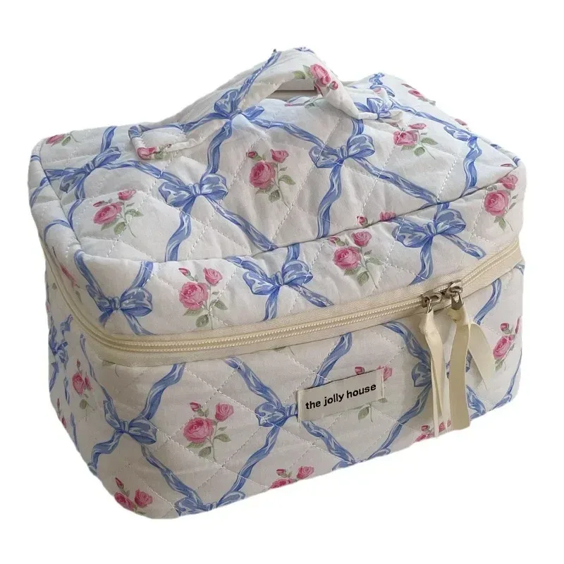 trousse de maquillage courtepointe pour femme, trousse de toilette portable pour filles, sac à main grill pour femme, trousse cosmétique à fermeture éclair, nœud mignon, fleur