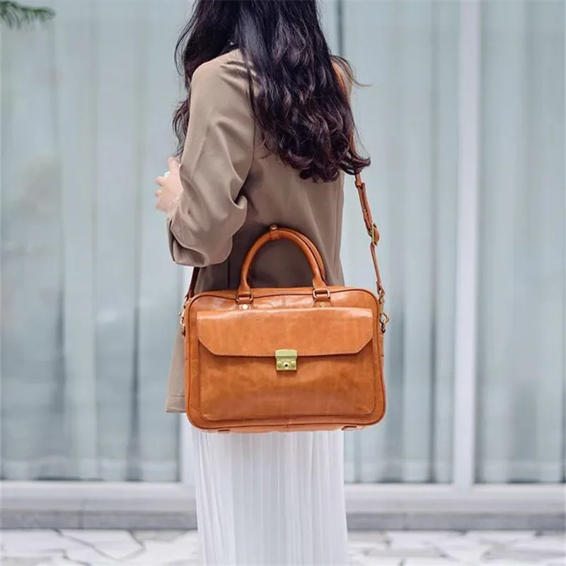 mode vintage haute qualité en cuir véritable femmes porte-documents concepteur de luxe véritable peau de vache bureau travail quotidien sac à main pour ordinateur portable