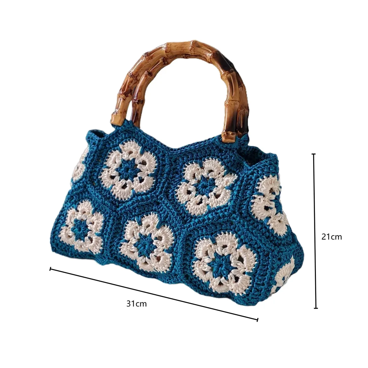 sac fourre-tout carré granny en crochet fait à la main avec poignée de style bambou, sac à bandoulière à motif de fleurs tissées vintage pour femmes