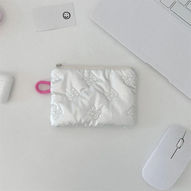 porte-monnaie à motif de nœud argenté pour femme, portefeuille pour écouteurs, pochette à fermeture éclair, trousse à cosmétiques en poudre, prédire