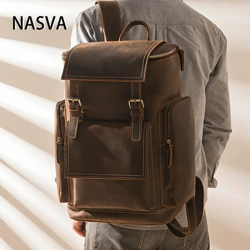 nasva-sac à dos en cuir vintage pour homme, sac de voyage, camping, école, bureau, sacoche pour ordinateur portable