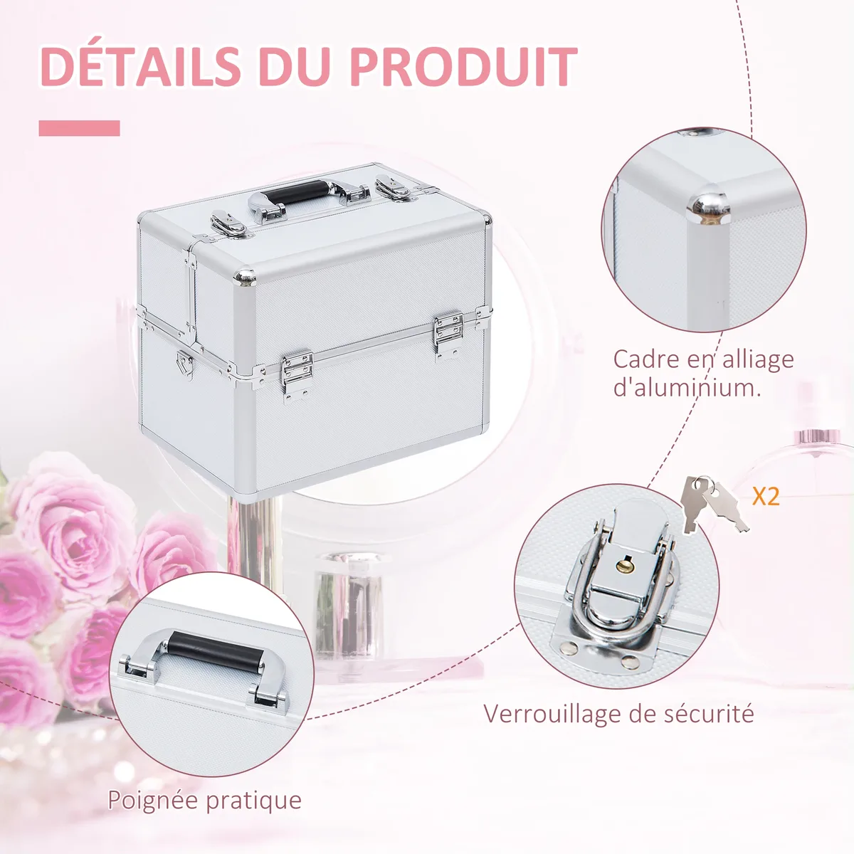 homcom mallette maquillage valise maquillage à 3 niveaux, boîte de cosmétiques avec clés, 36,5 x 24 x 29 cm, argent