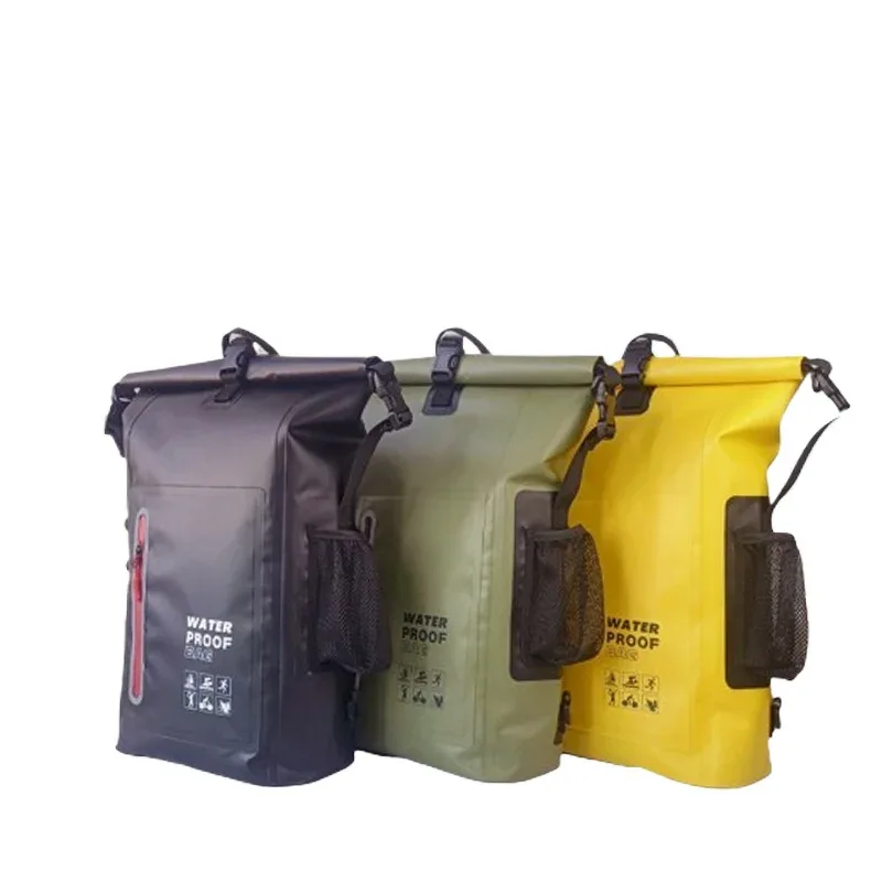 sac dos pvc étanche noir vert olive jaune bandes réfléchissantes poches latérales cadre externe ceinture coussin air usage voyage randonnée camping plage