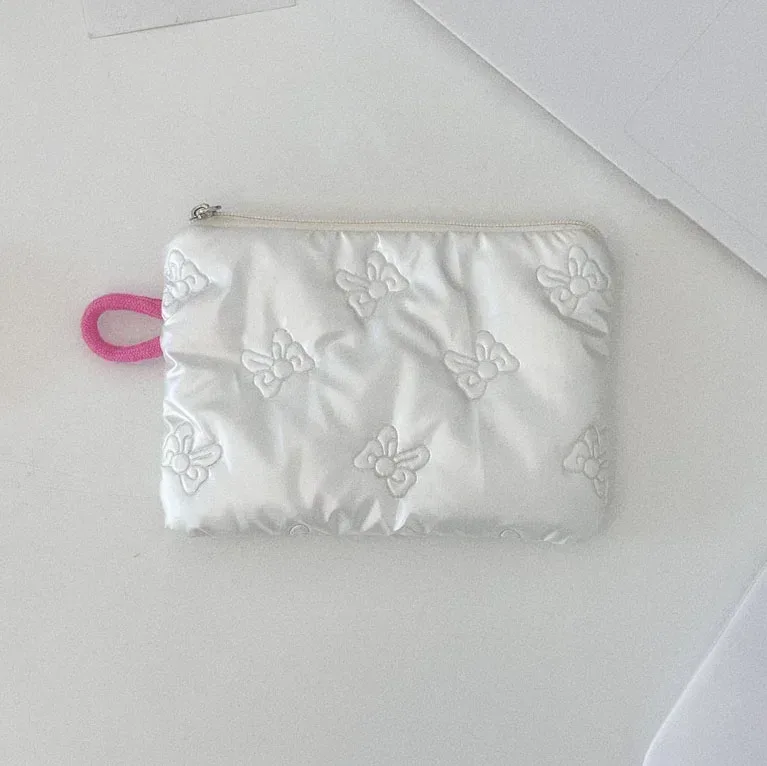 sac à cosmétiques matelassé coréen en pu avec nœud d'amour, pochette pour produits de soins de la peau, poche intérieure, sac de rangement multifonction pour maquillage et rouge à lèvres