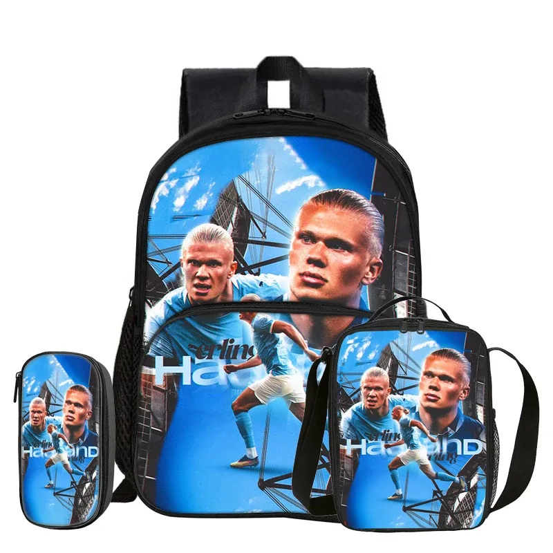 sac dos nylon bleu motifs football erling haaland grand bandoulière arquée sac déjeuner pochette enfant usage voyage