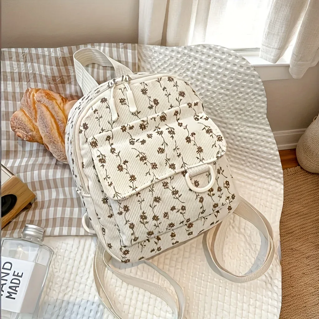 mini sac à dos pour femme avec motif floral marron et ruban en satin couleur café, bretelles réglables et fermeture à glissière – sac à main léger en polyester, adapté aux voyages
