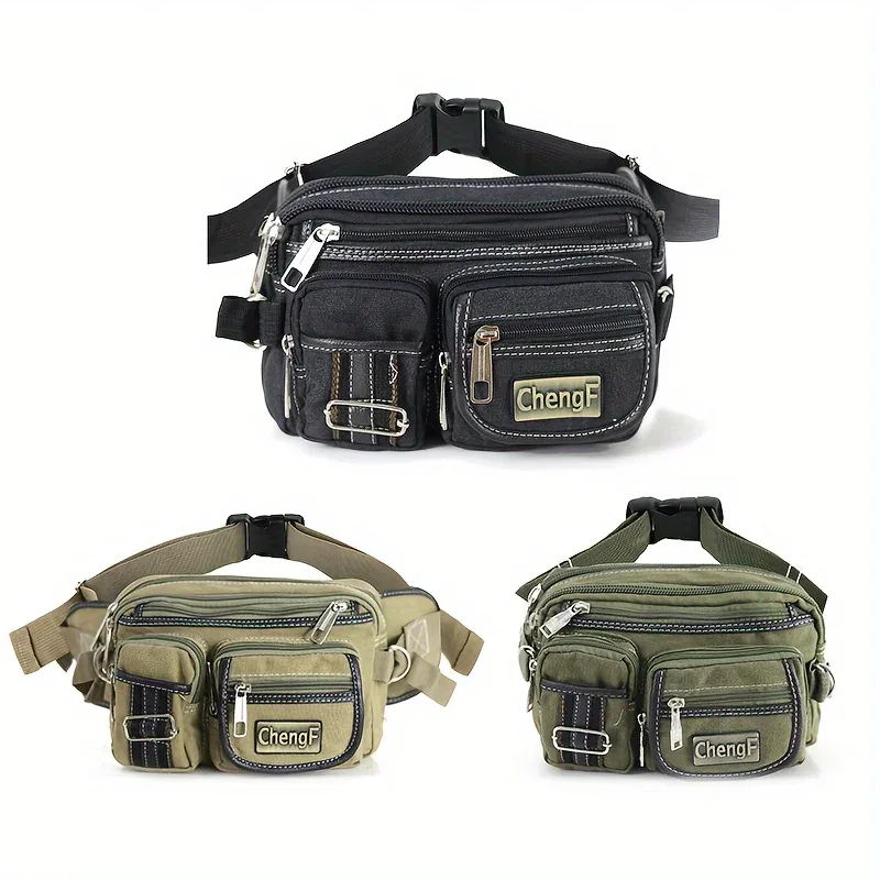 sac de taille multicouche à fermeture éclair à la mode, sac banane de poitrine rétro basique en toile, sac à bandoulière de sport pour hommes, poche pour téléphone de course