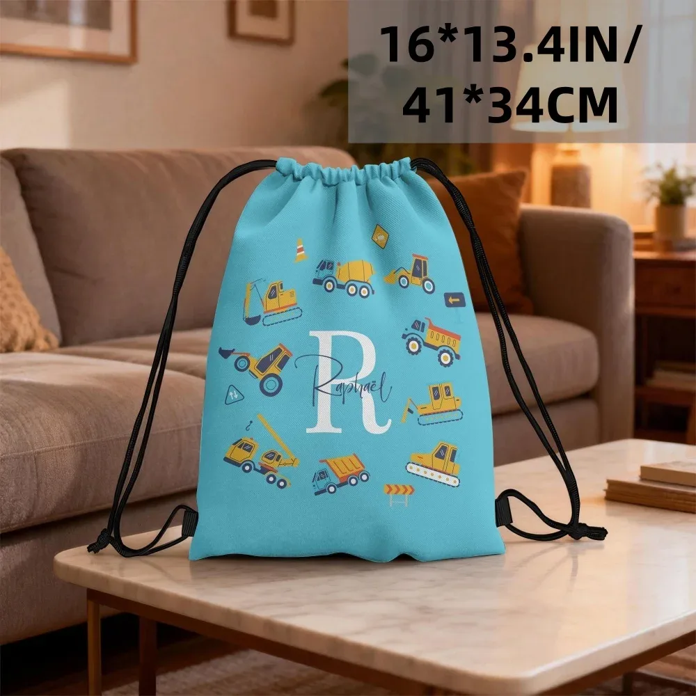 sac à cordon personnalisé avec initiales et nom (1 pièce) - texte/initiales personnalisés, camion de dessin animé, sacs de sport adaptés aux voyages, aux cadeaux de fête