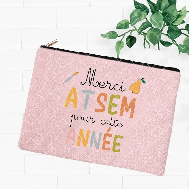 merci atsem – trousse de maquillage imprimée française, grande trousse à crayons, fournitures de papeterie scolaire, sac de rangement, pochette de lavage de voyage, cadeaux pour atsem