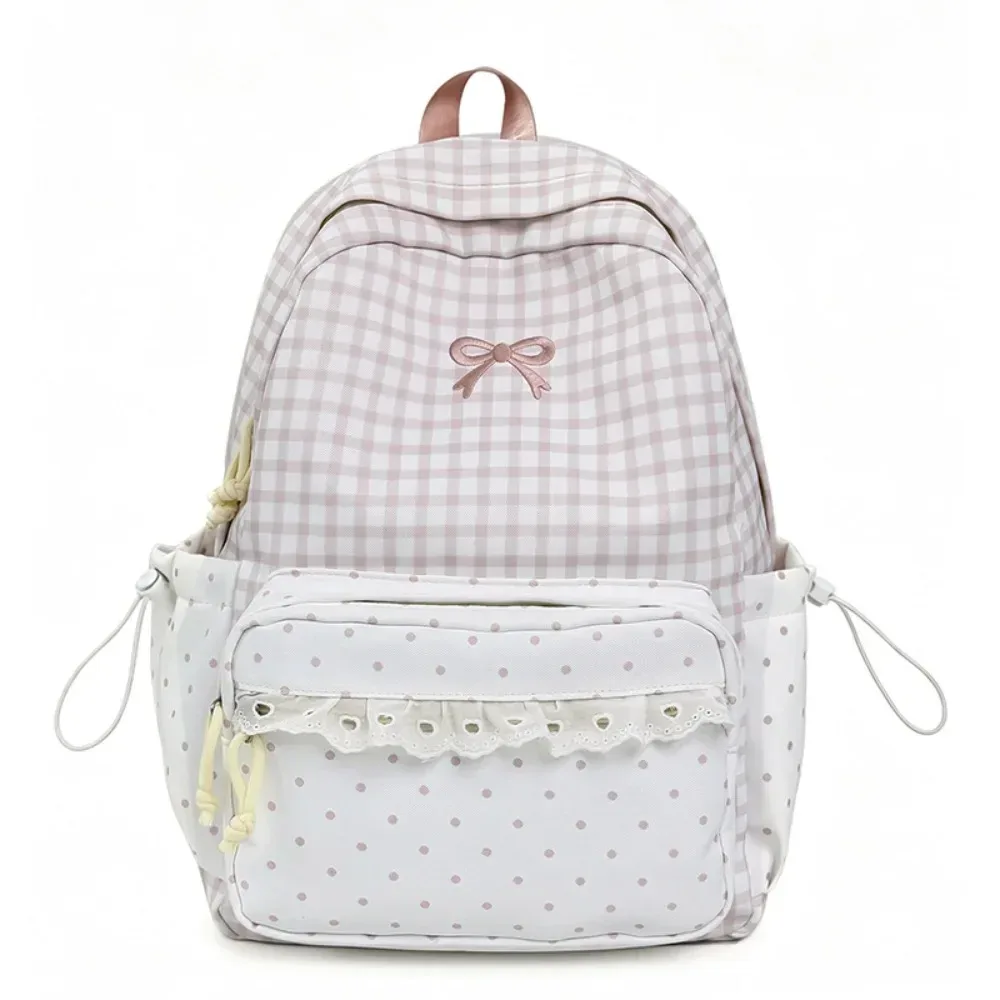 sac à dos tendance à pois, avec nœud, minimaliste, léger, grande capacité, bordure en dentelle, idéal pour les trajets quotidiens.
