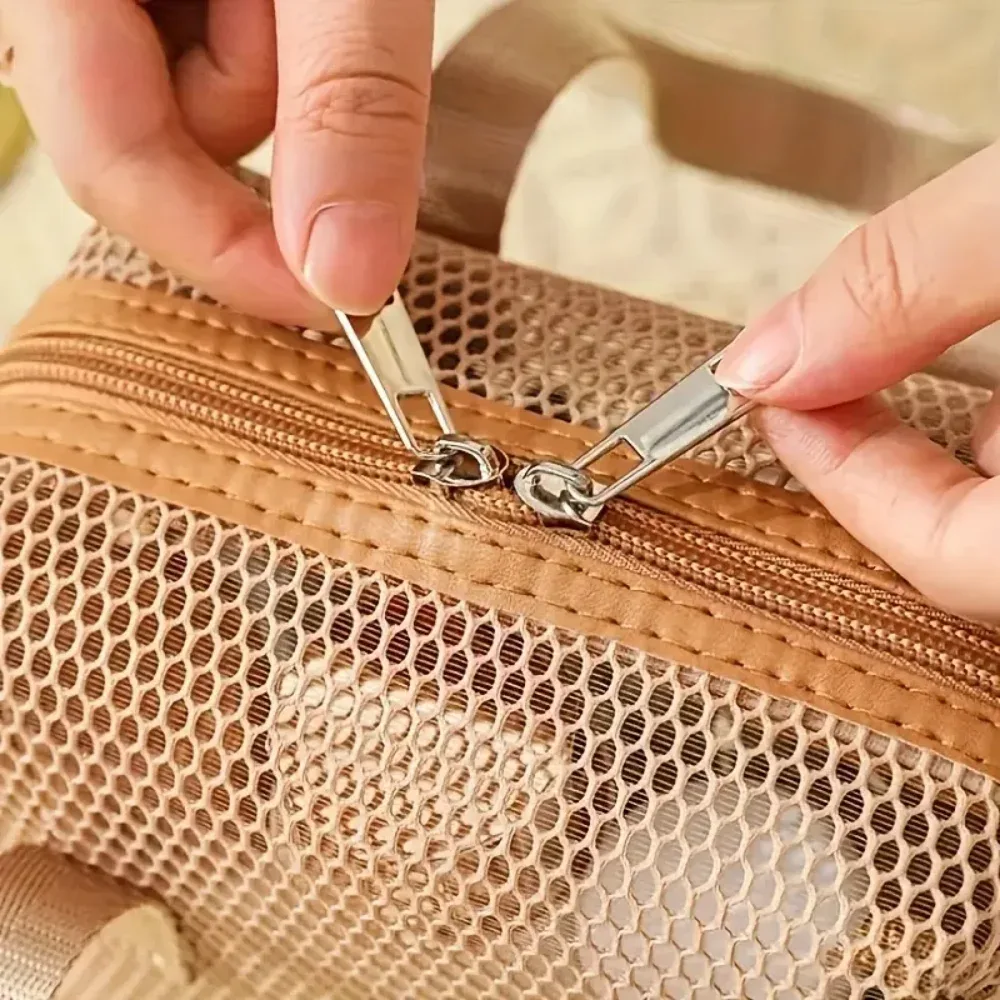 sac à cosmétiques en maille pour femmes et filles, sac de maquillage léger et portable avec poignée, sac de rangement ajouré pour le voyage