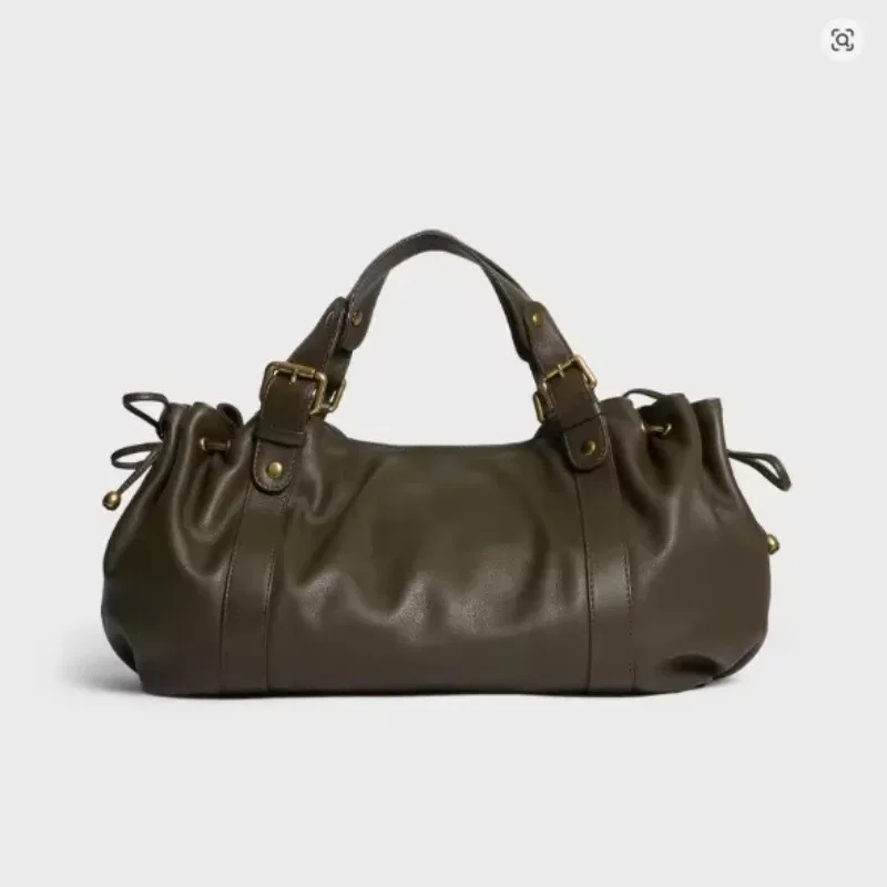 sac fourre-tout vintage en cuir souple plissé avec cordon de serrage, grand sac à bandoulière simple pour femme, sac de travail boston
