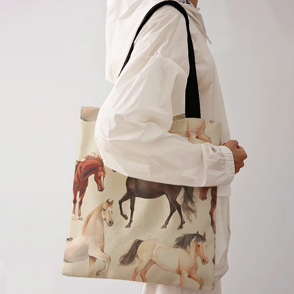 sac fourre-tout avec imprimé de troupe de chevaux multicolores en aquarelle, sac à bandoulière de grande capacité pour le shopping, les voyages et l'usage quotidien