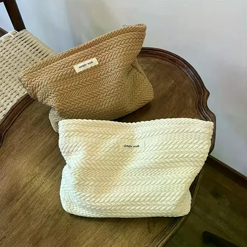1 pièce trousse de maquillage portable de haute qualité avec fermeture éclair, grande capacité, couleur unie, en tissu tissé, beige café, pochette