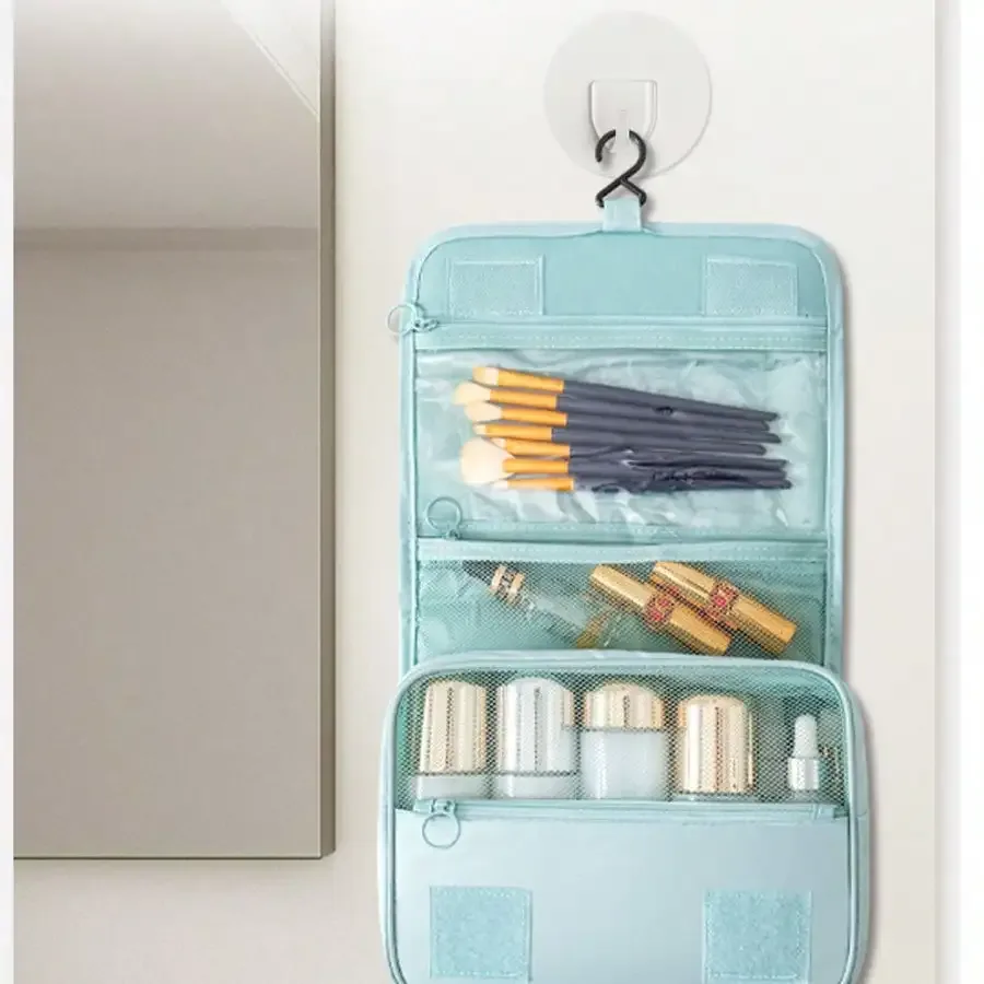 trousse de toilette de voyage de style coréen, trousse de maquillage, trousse à crochet, trousse de rangement multifonctionnelle de grande capacité avec compartiment séparé pour les articles secs et humides.