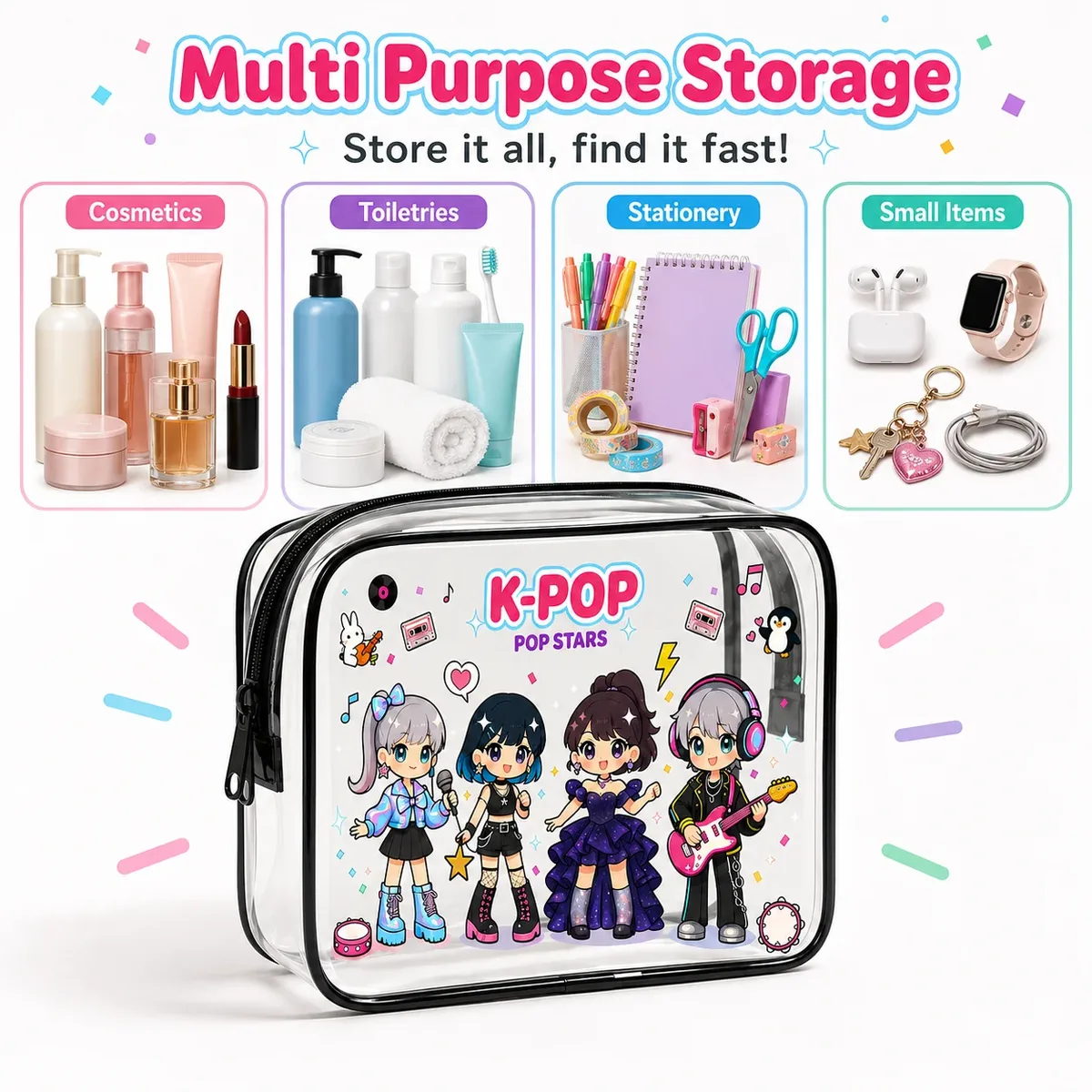 sac à cosmétiques transparent, sac de rangement transparent mignon de style kpop, pour articles de toilette de voyage, organisateur de maquillage, pochette étanche à fermeture éclair
