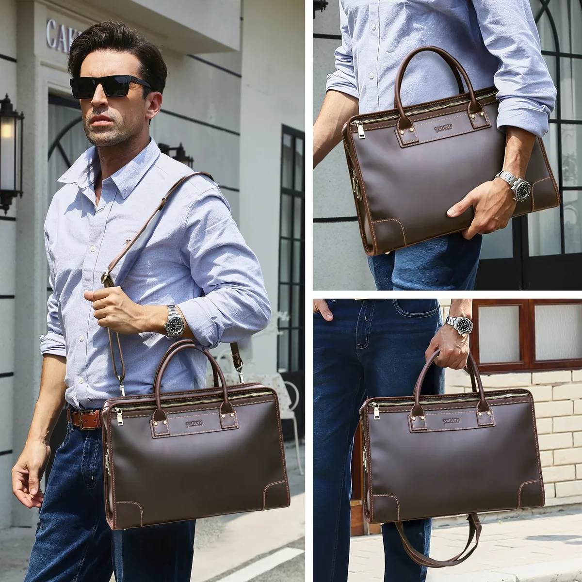 contact's sacs d'affaires en cuir véritable pour hommes, mallette de bureau, sac de travail en cuir, sacoche à bandoulière, sac fourre-tout pour ordinateur portable 14 pouces pour hommes