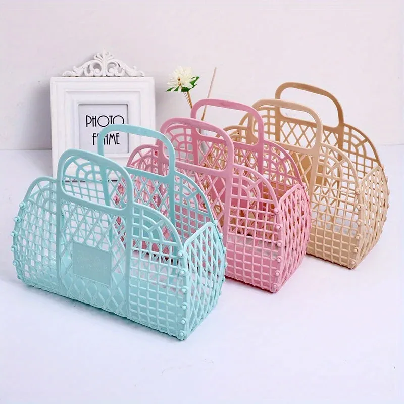sac de panier de rangement en plastique pliable, organisateur de cosmétiques de voyage ouvert décontracté avec conception à double poignées, sac de plage pour lavage des mains